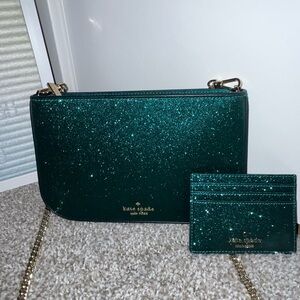 NWOT Kate Spade Glimmer Glitter Pouchette in Emerald Green SET